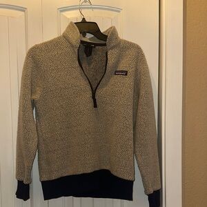 Patagonia Women’s Woolyester Fleece Oatmeal Navy 1/4 Zip Pullover Sweater Small